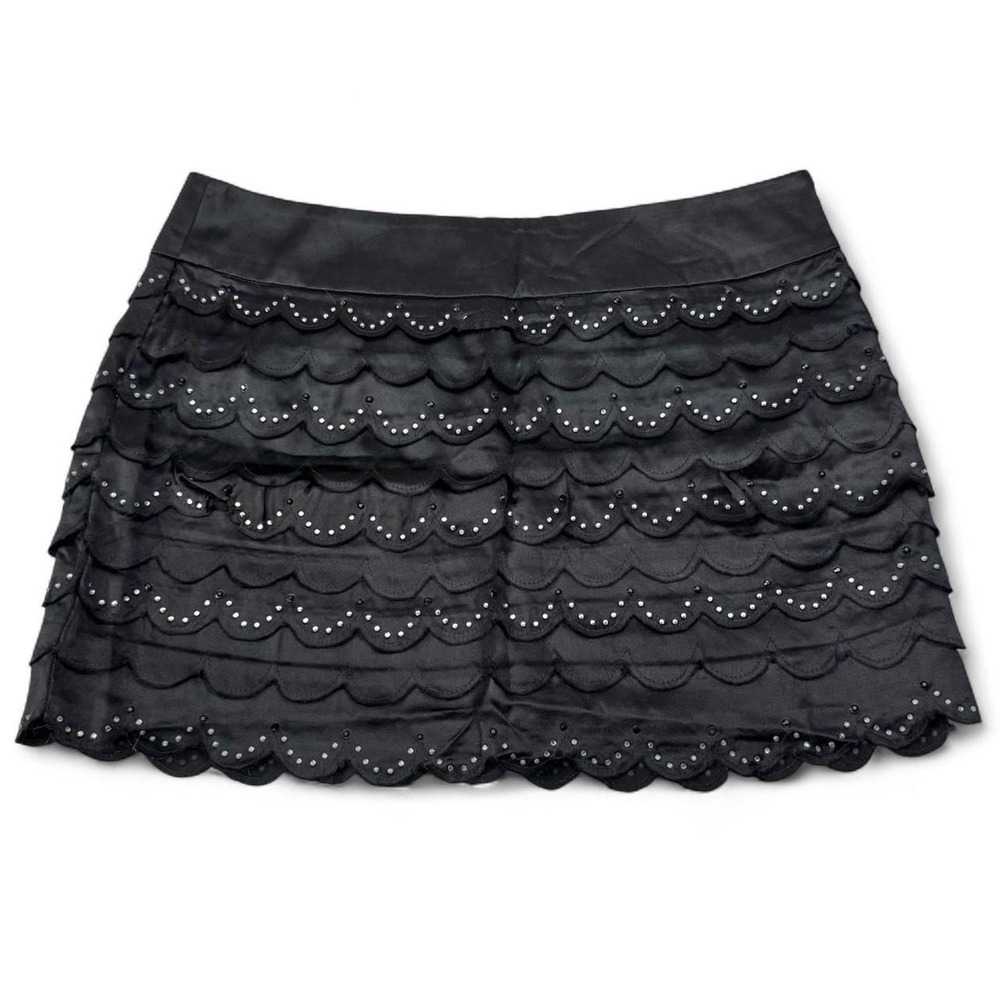 Y2K Black Bebe Silk Studded Scalloped Layered Micro Mini Skirt Size 2